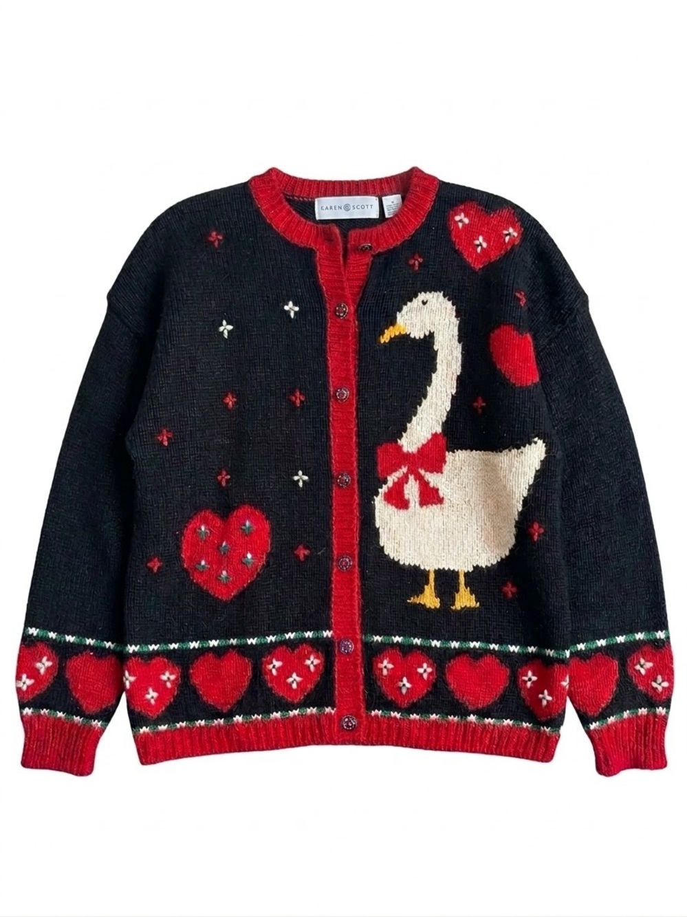 Vintage 80s 90s Karen Scott Goose Heart Cardigan Sweater Grandmacore